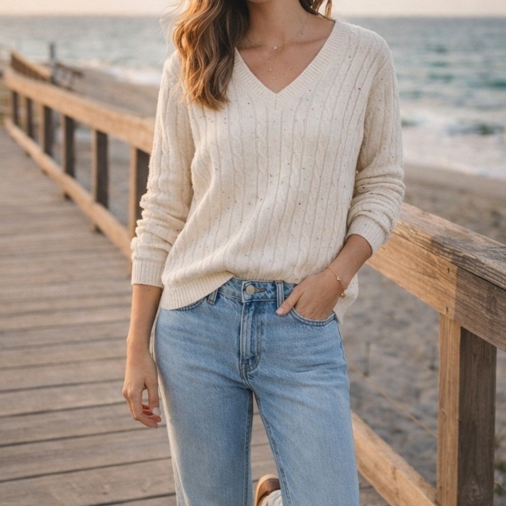 Kim Rogers Cable Knit Sweater Womens Medium Cream Confetti V-Neck Preppy